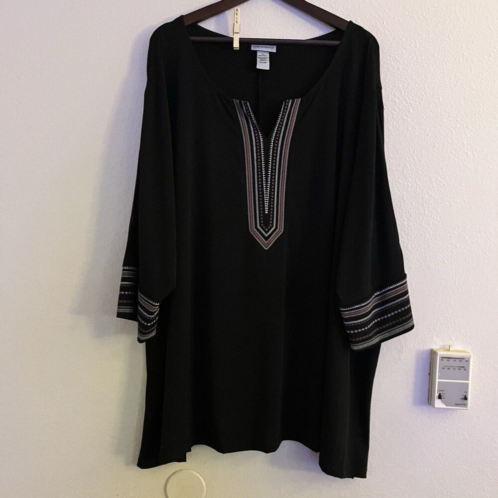 Catherines Womens Tunic SZ 5X Split V Neck Black Stretch Slit 3/4 Sleeve Top